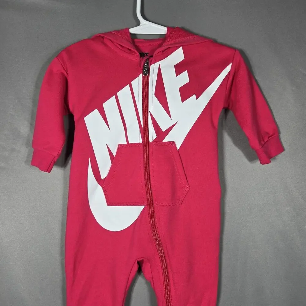 Nike Hooded Romper One Piece Infant 6M Pink Full Zip Logo Jumpsuit Front‎ Swoosh